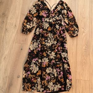 LOFT Black Cut-Out Maxi Dress with Pink, Cream & Brown Floral Print